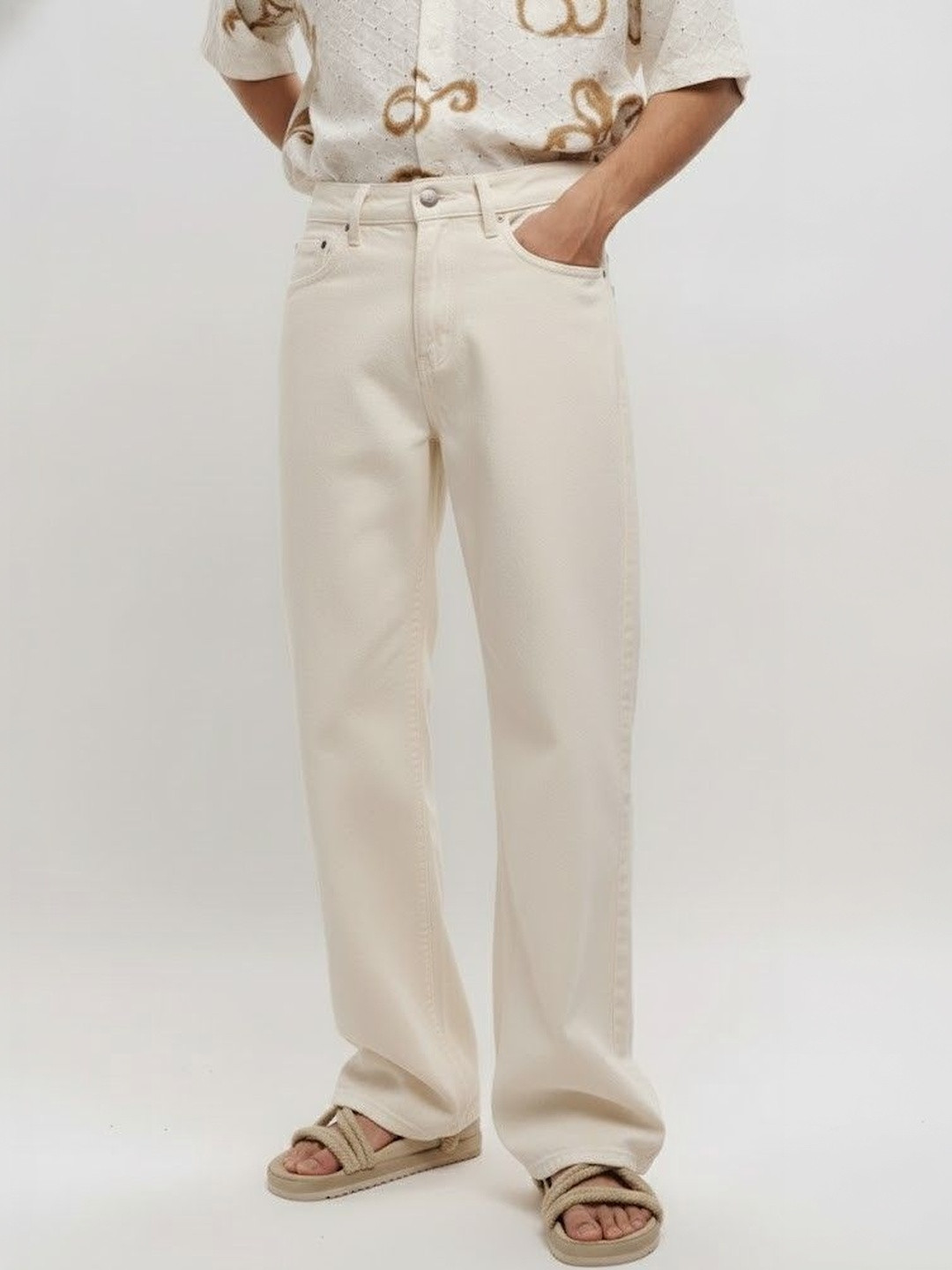 Niffar Fashion Men Wide Leg Mid-Rise Applique Jeans