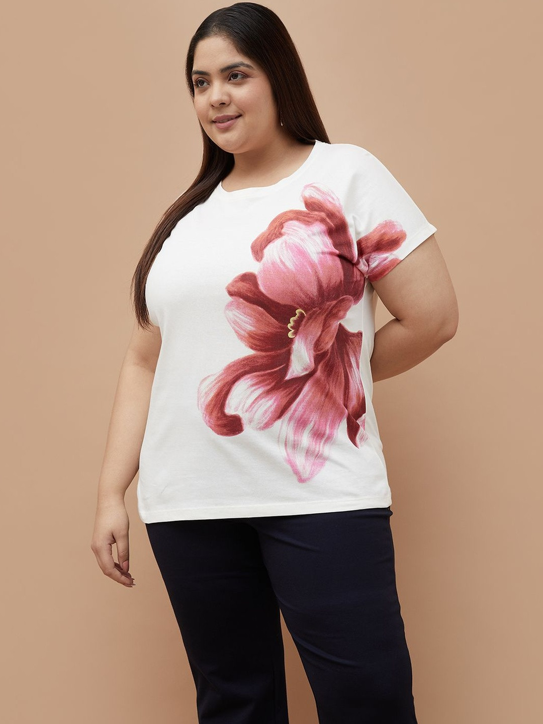 Nexus by Lifestyle Plus Size Floral Printed Round Neck Cotton T-shirt