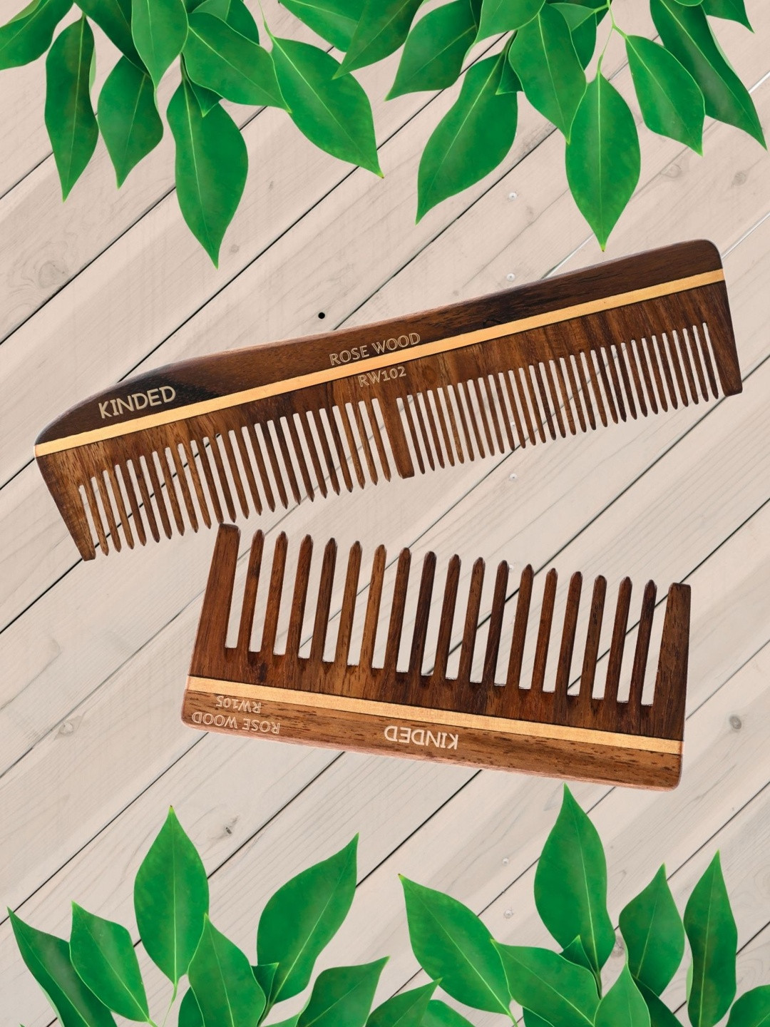 KINDED Set Of 2 Dual & Wide Tooth Wooden Hair Combs