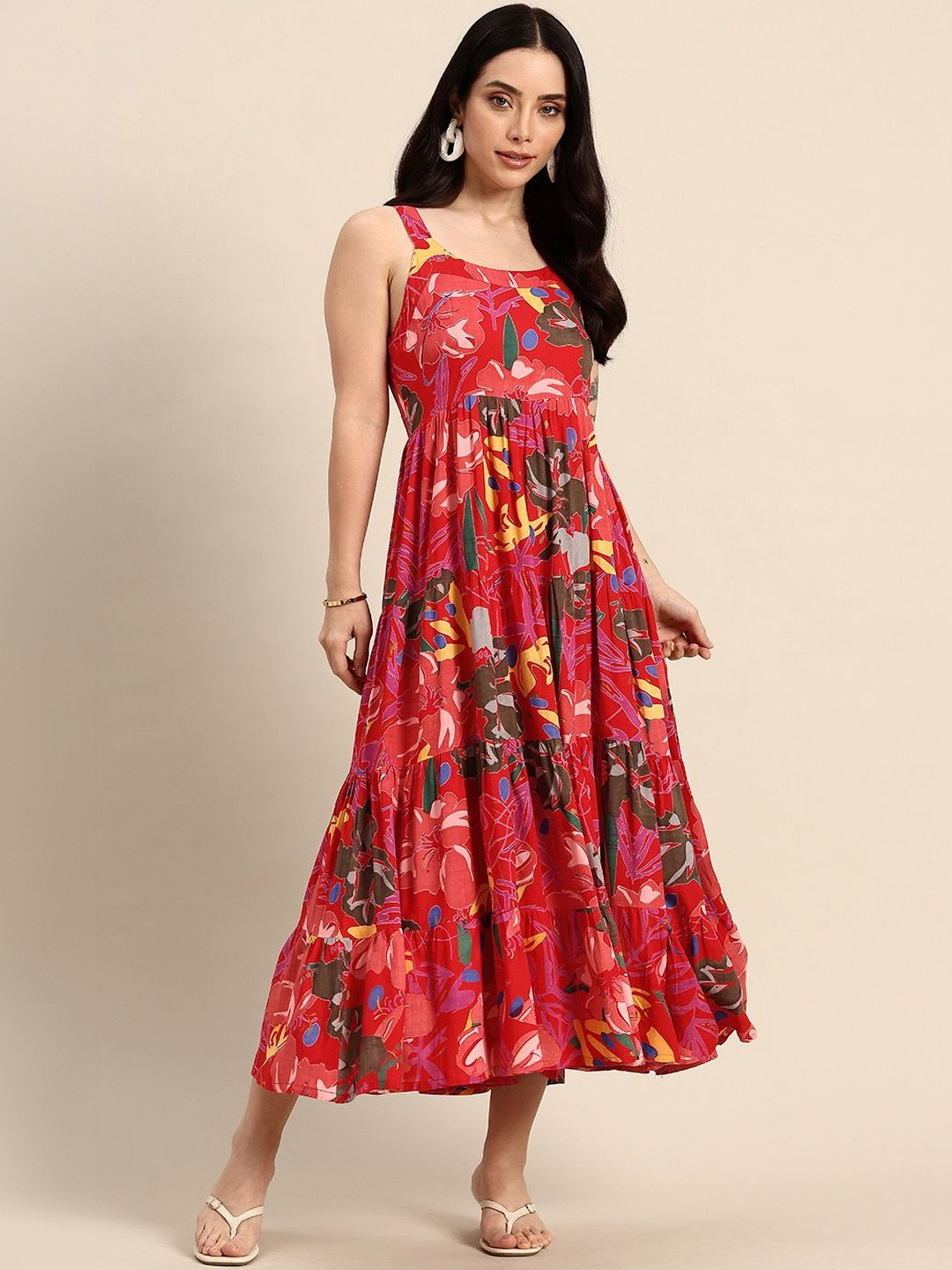 PINK VYBE Women Floral Printed Tiered Flared Midi Dresses