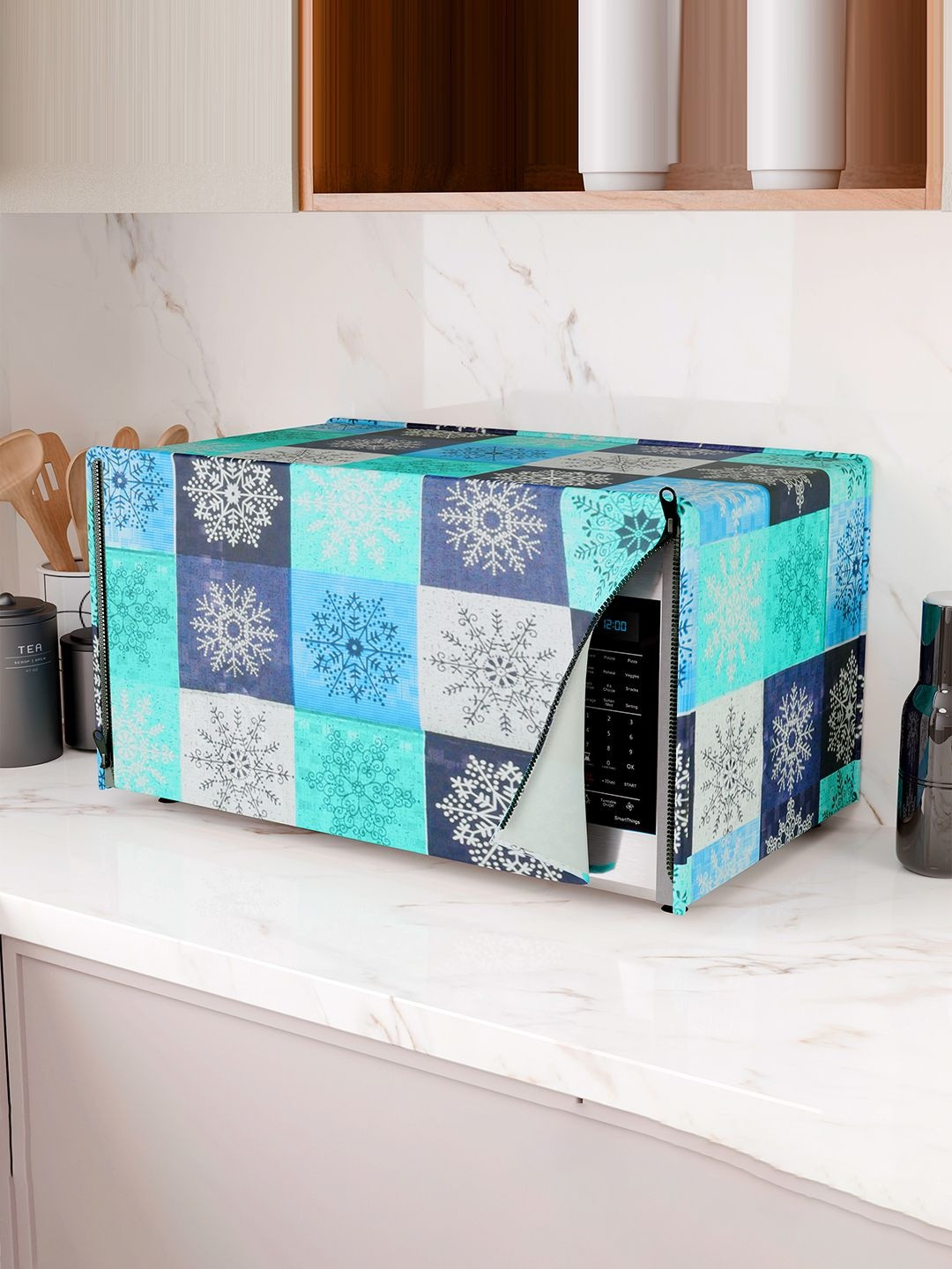 Kuber Industries Green & Blue Star Printed Microwave Oven Cover