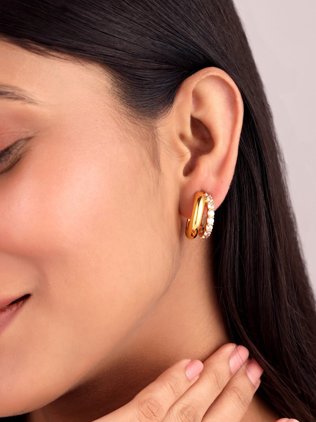 Sucra 14Kt Real Gold Plated Lustre Spark Cubic Zirconia Studded Half Hoop Earrings