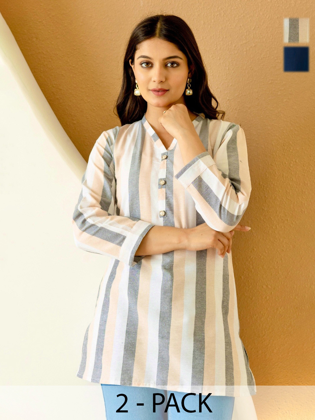 BILANZA Women Pack of 2 Striped V-Neck Straight Kurti