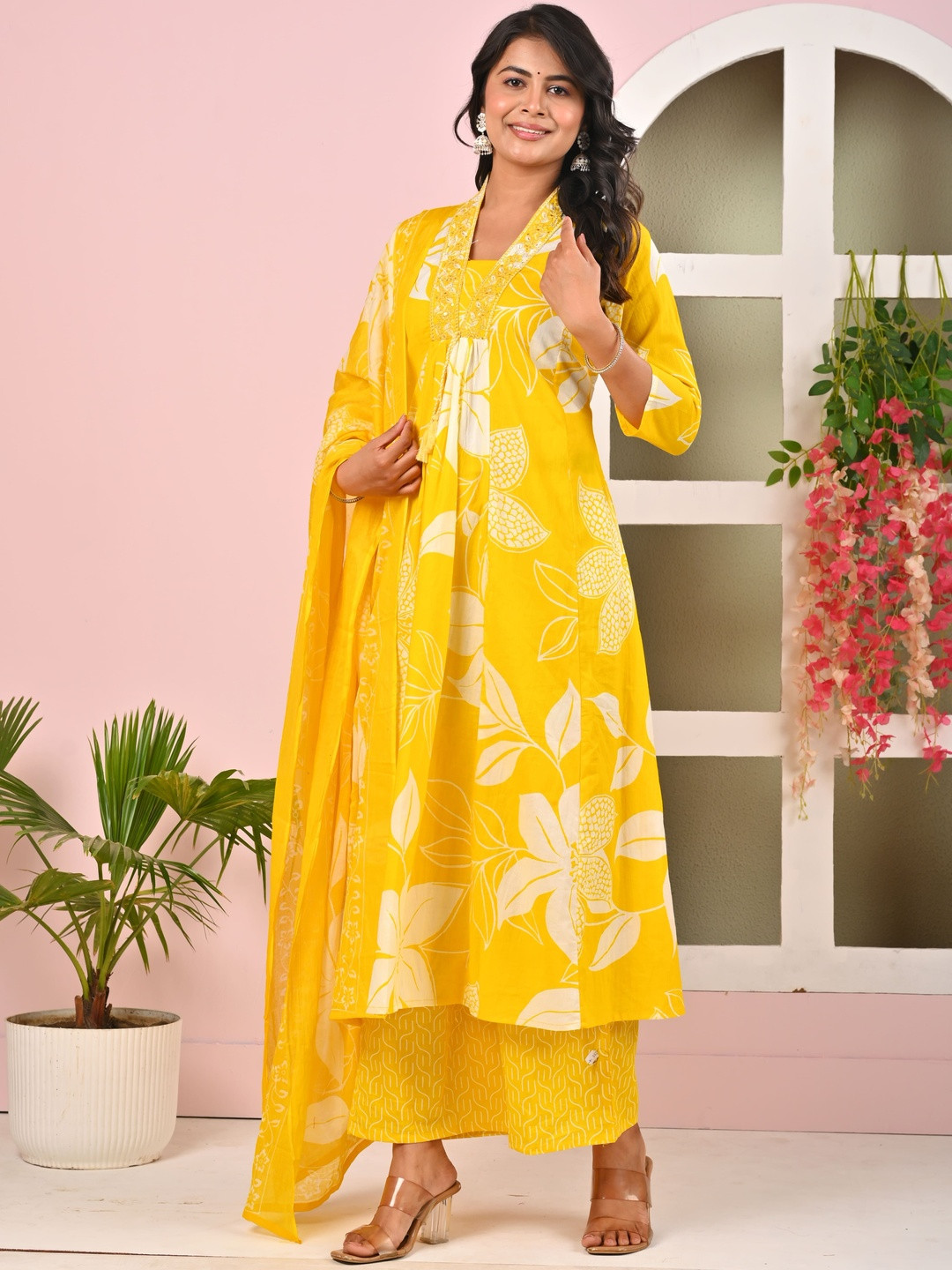 MANJALI DESIGN Women Floral Printed Pleated Sequinned Pure Cotton Kurta with Palazzos & With Dupatta