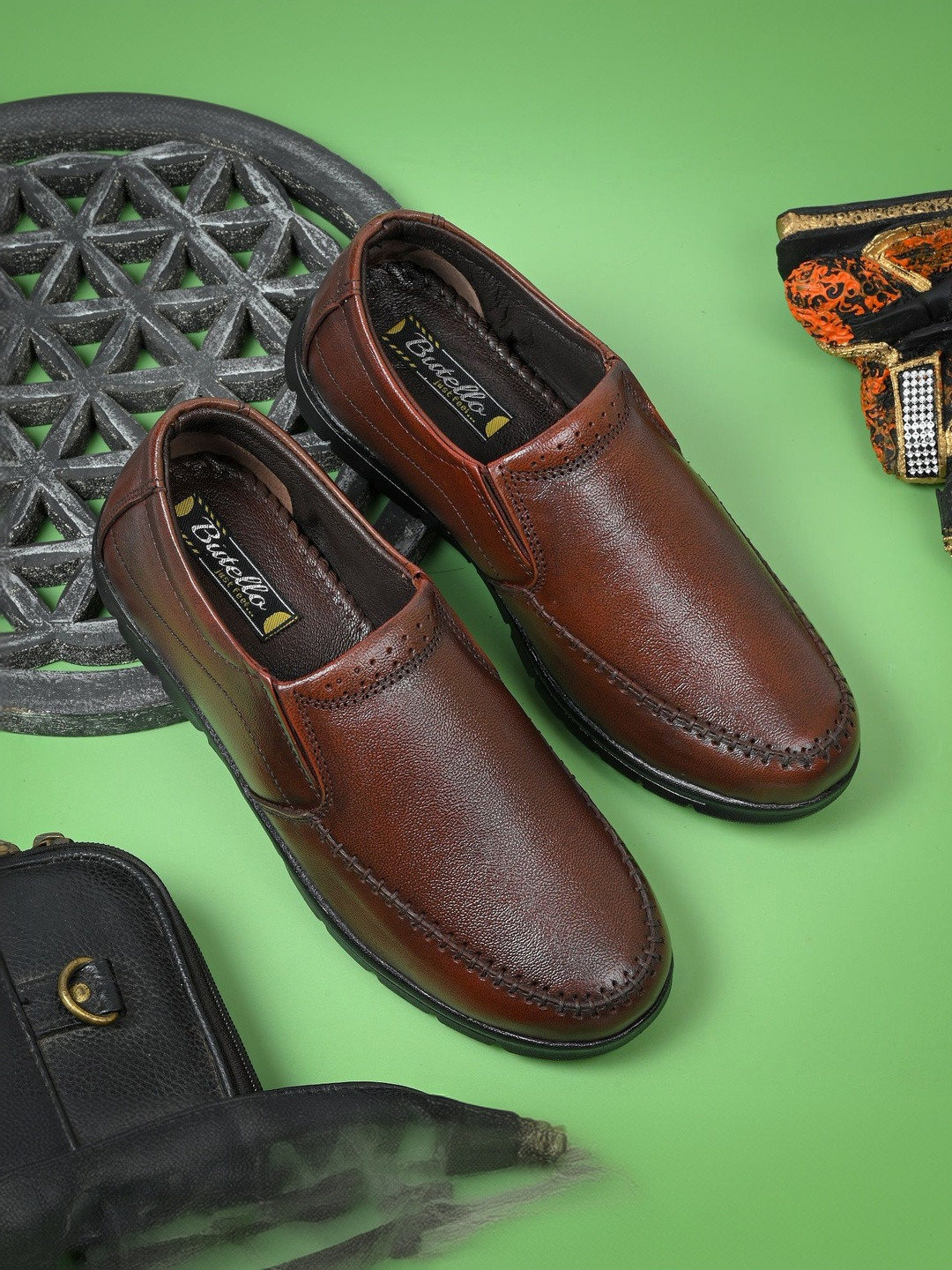 Butello Men Round-Toe Leather Formal Slip-Ons