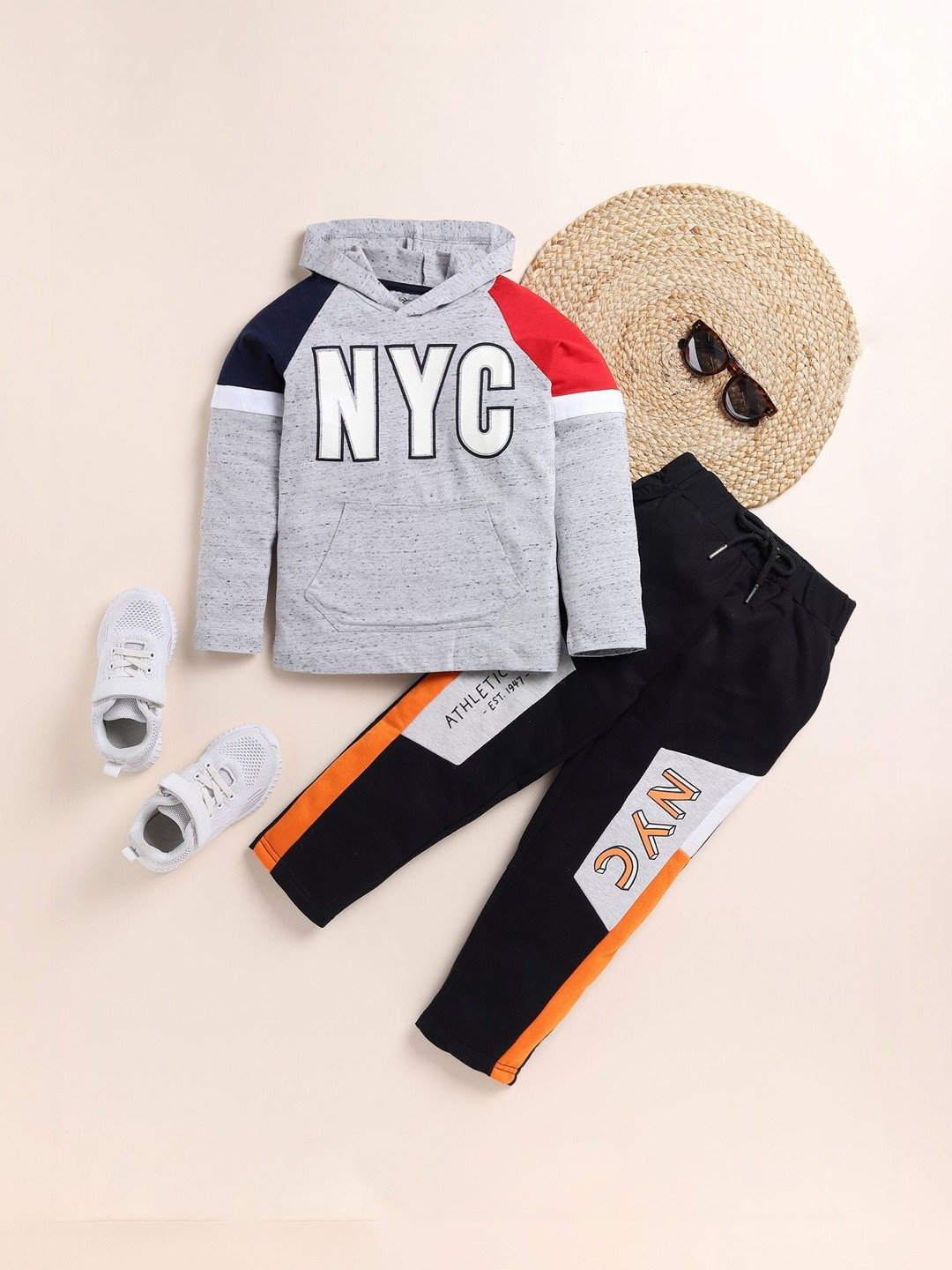 YK Boys Full Sleeves NYC Color-Block Grey & Black Hoodie Sweatshirts with Trousers