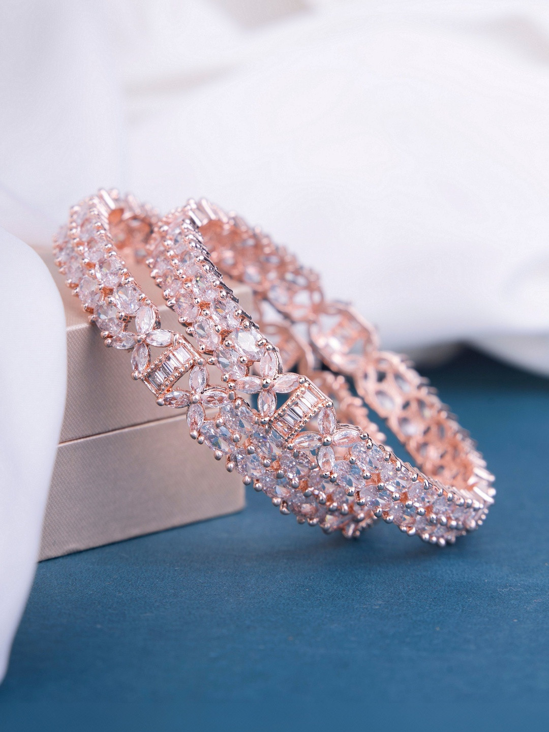 Opal Touch Set Of 2 Rose Gold Plated American Diamond Studded Bangle