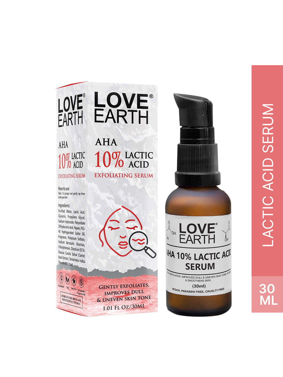 LOVE EARTH AHA 10% Lactic Acid Serum for Dull & Uneven Skin Tone - 30ml