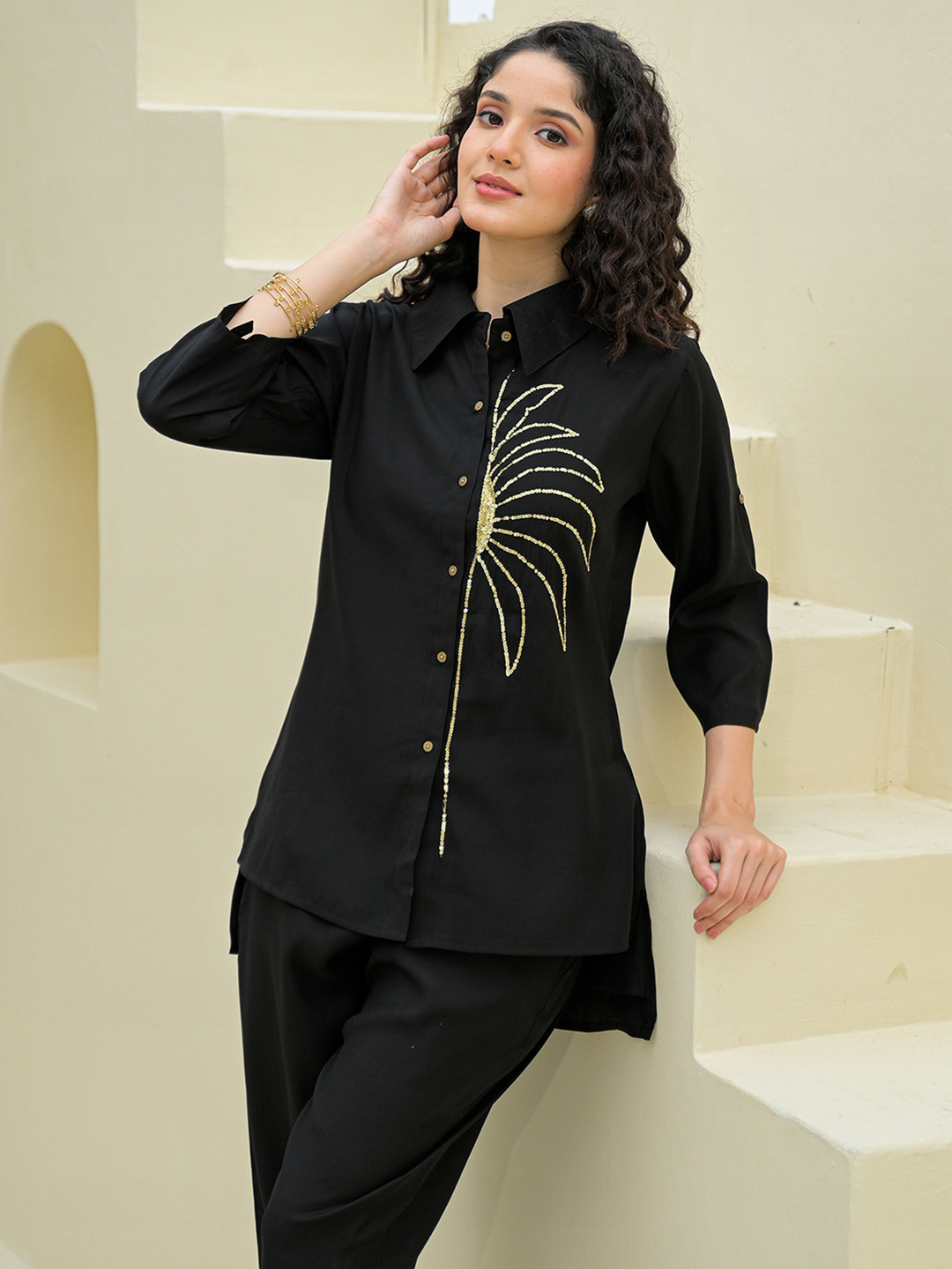 SANISA Sequinned Black Roman Silk Co Ords for Women