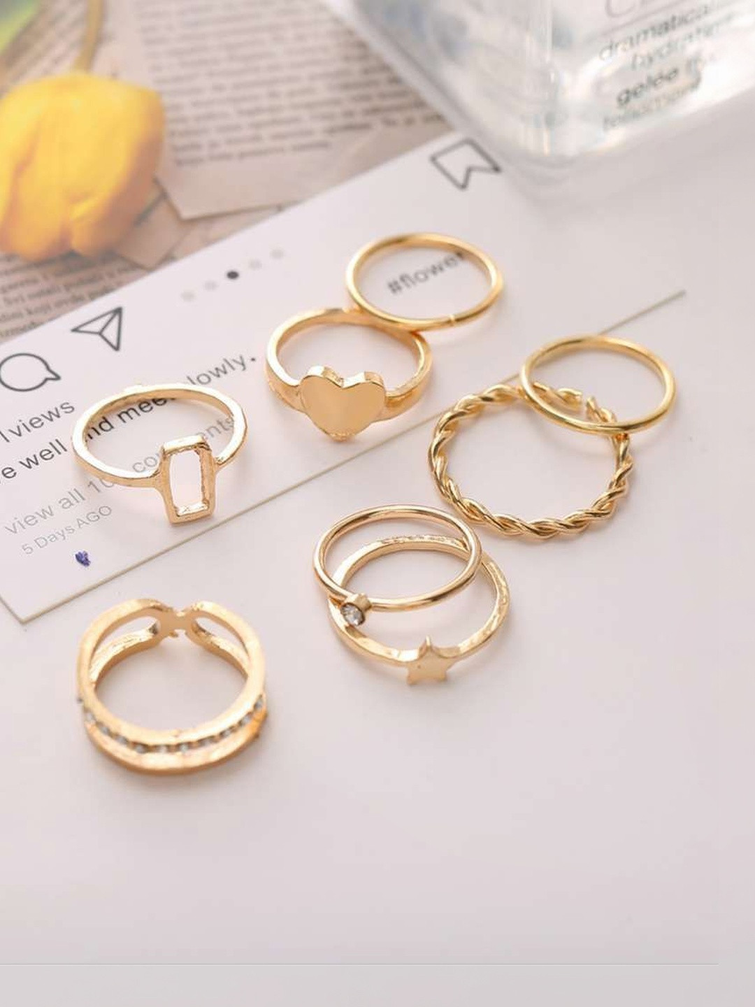 DressBerry Set Of 8 Gold-Plated Stones-Studded Star Heart Cross Chain Finger Rings