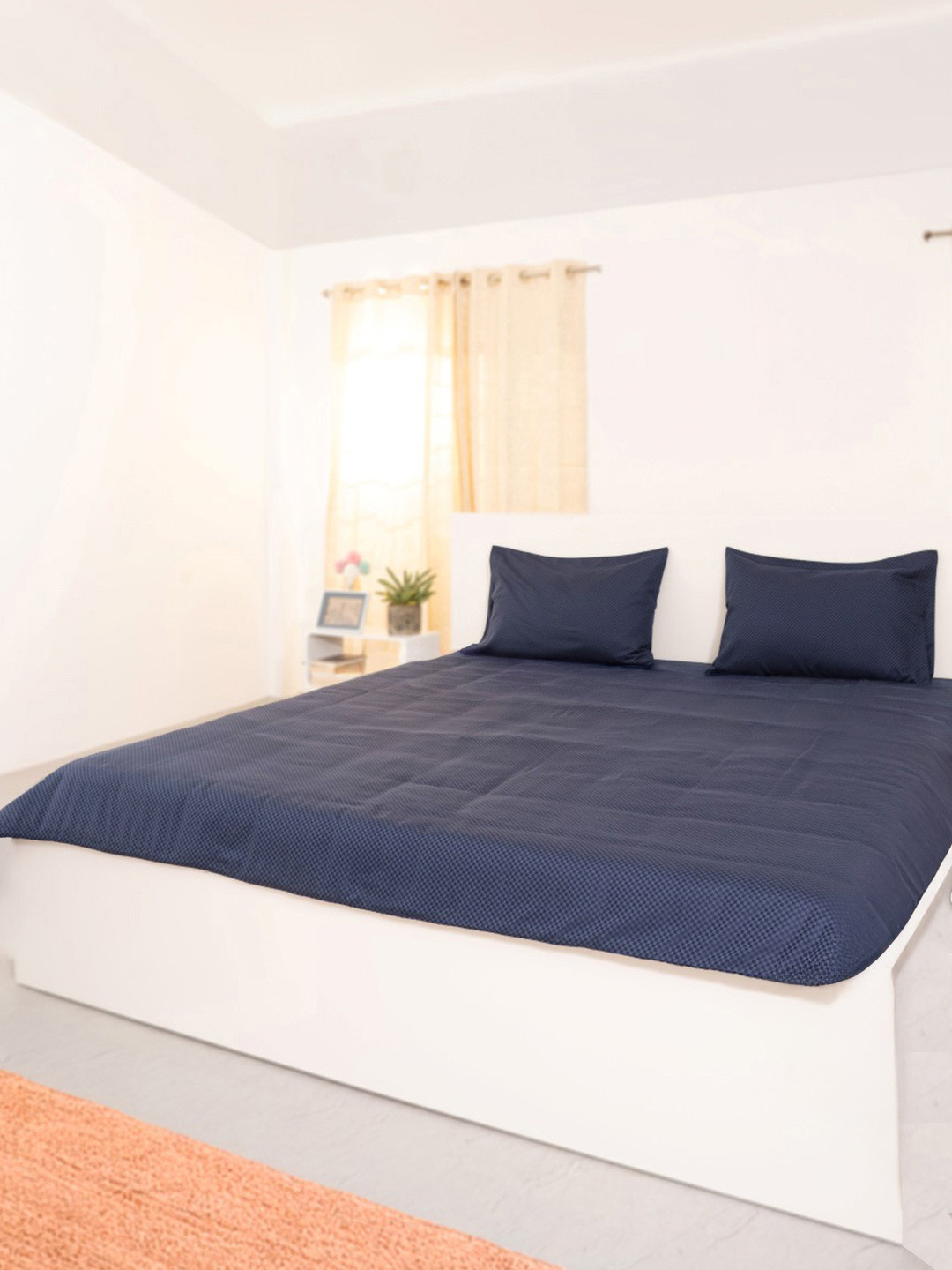 Oyvu Navy Blue Self Design Tencel 400TC Queen Bedsheet with 2 Pillow Covers 78 x 60 Inch