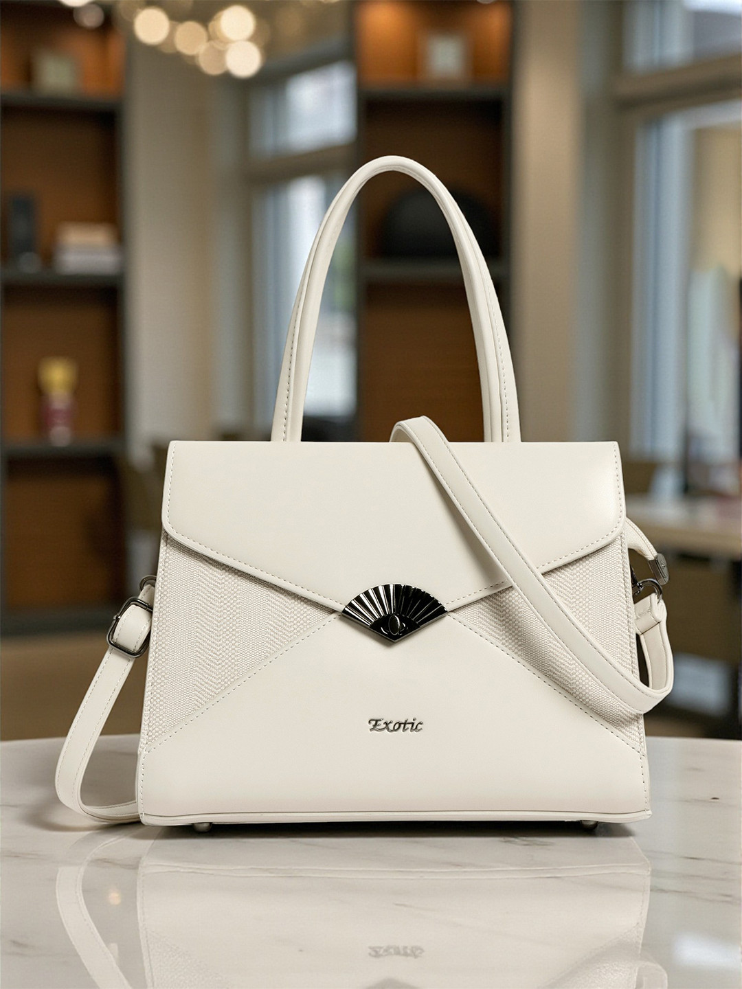 Exotic Beige Textured Structured Detachable Sling Strap Shoulder Bag with Buckle Detail