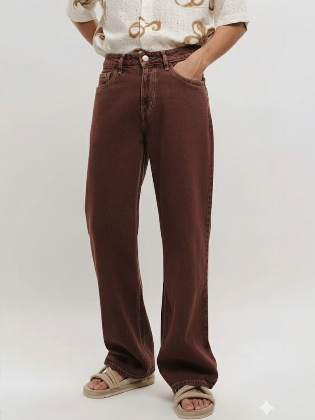 Niffar Fashion Men Wide Leg Mid-Rise Applique Jeans