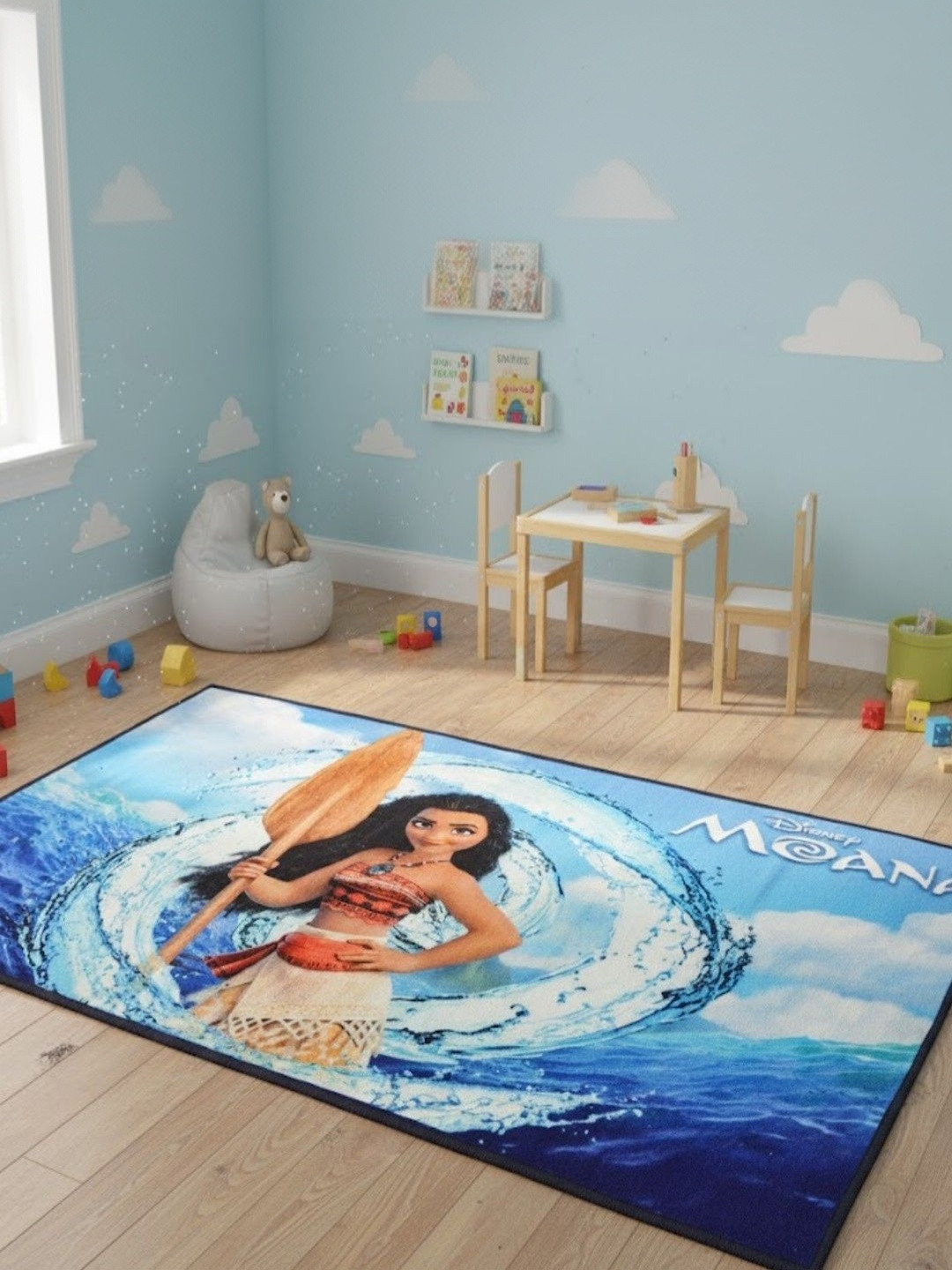 Athom Living Kids Moana Printed Blue Cartoon Characters Anti-Skid Nylon Carpet 3x5 ft
