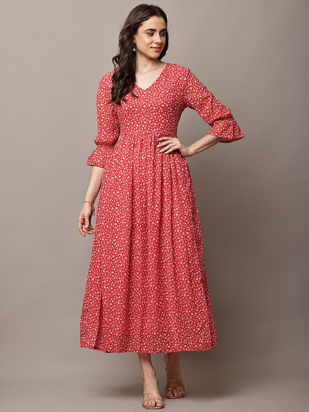 HERE&NOW Print Puff Sleeve Crepe Formal Maxi Dress