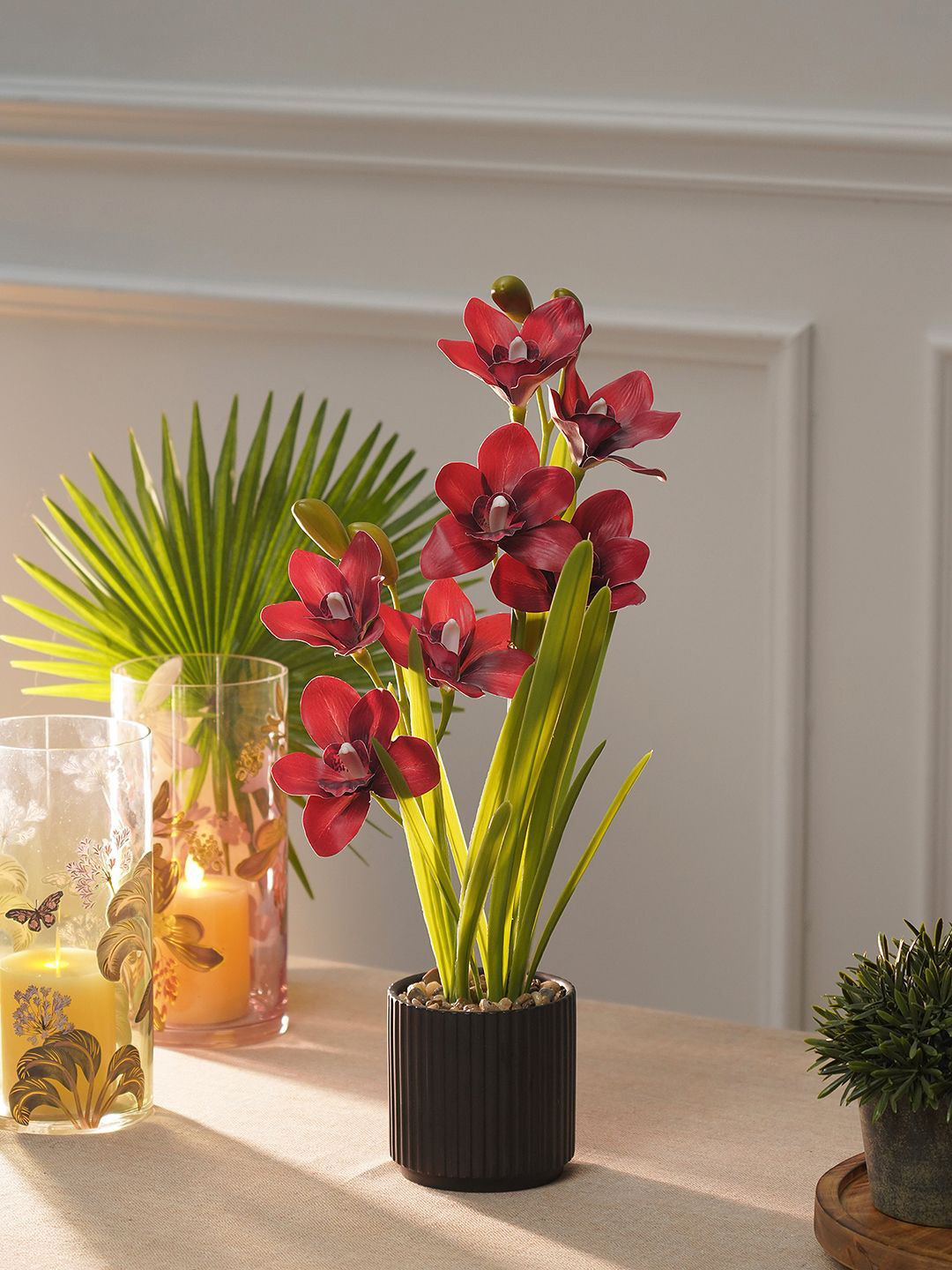 Pure Home and Living Red Artificial Cymbidium in Ceramic Pot