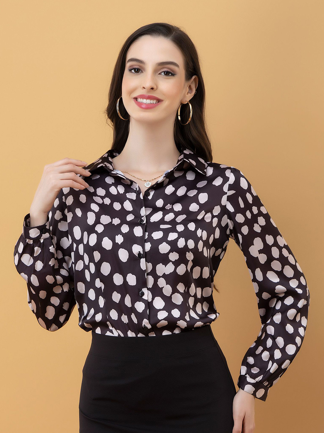 PURYS Women Classic Polka Dot Printed Casual Shirt
