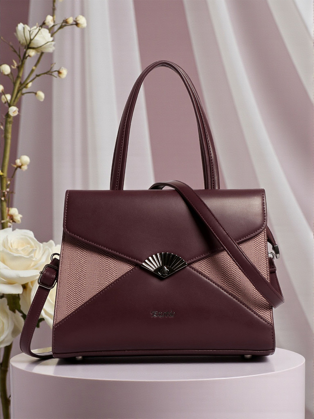 Exotic Brown Textured Structured Detachable Sling Strap Shoulder Bag with Buckle Detail