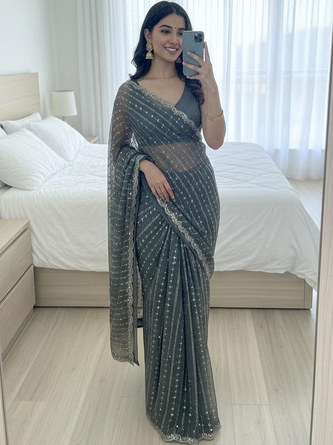A.G.M.G FASHION Embellished Sequinned Satin Heavy Work Saree
