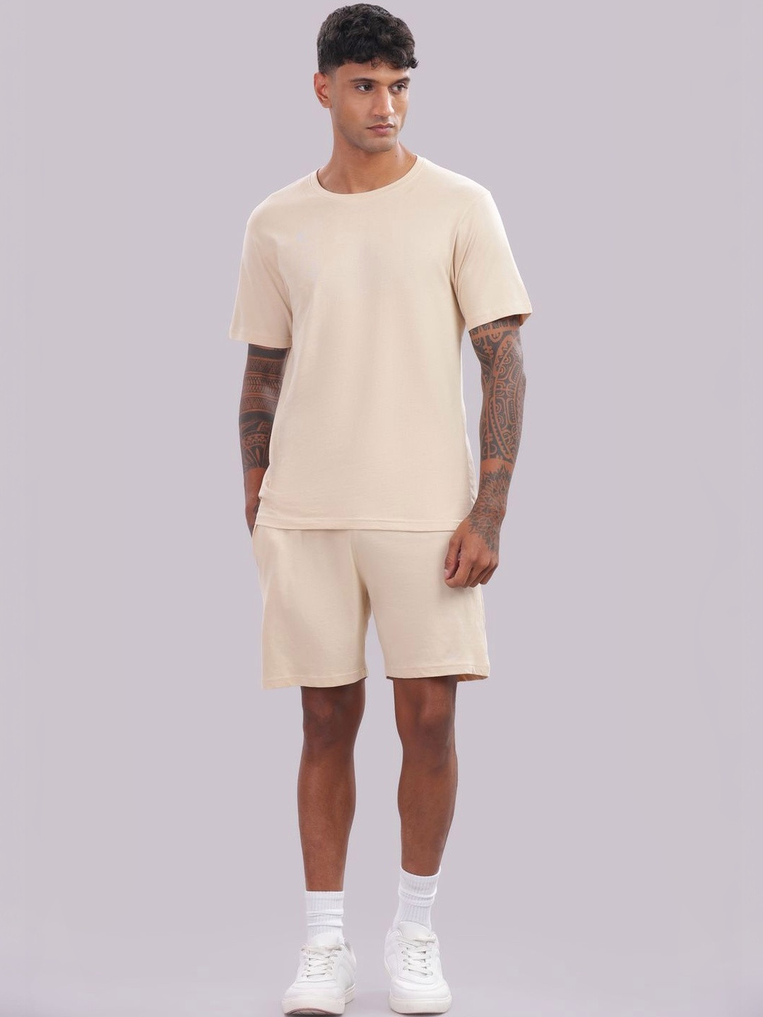 OUTLAWS Pure Cotton Round Neck T-shirt With Shorts Co-Ords