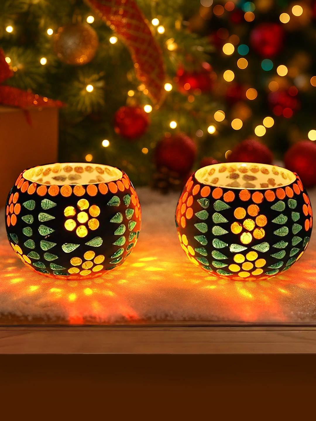 TIED RIBBONS Set of 2 Mosaic Glass Tea Light Candle Holders
