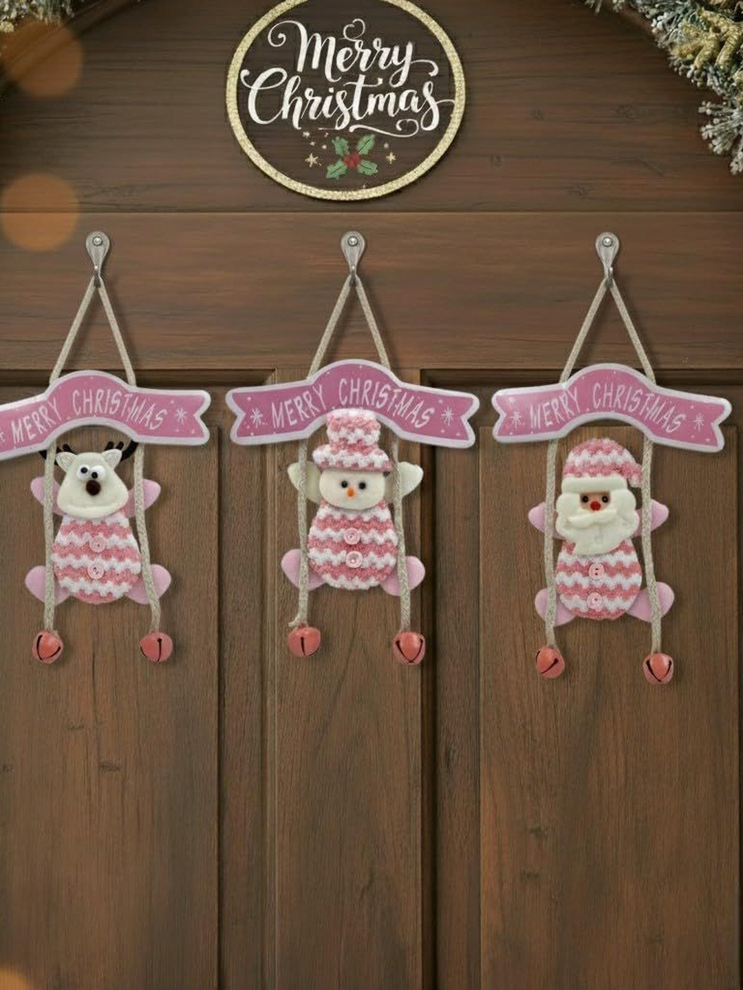 Ascension 3Pcs White & Pink Elk Snowman Santa Claus Hanging Christmas Ornament