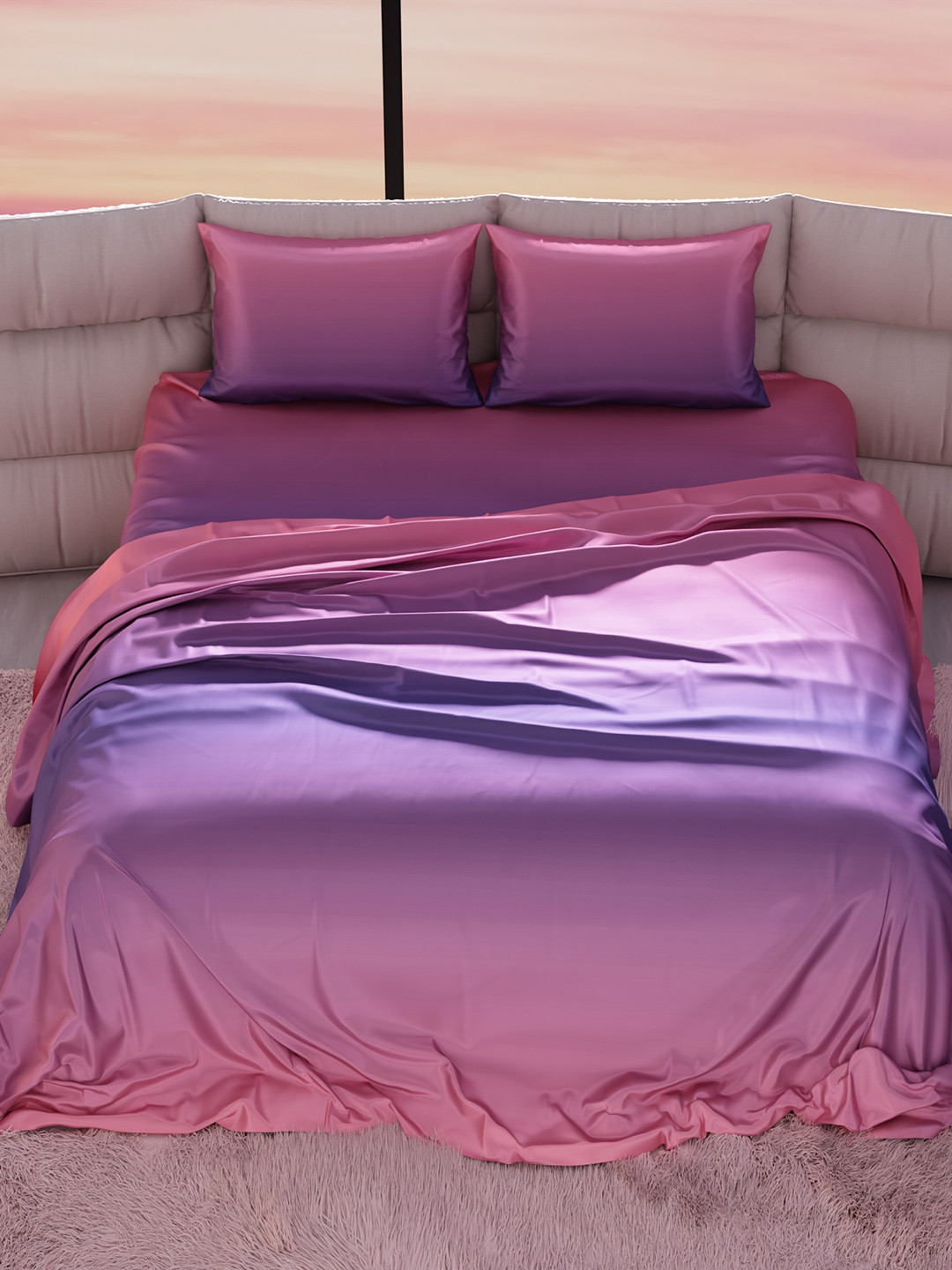 Stoa Paris Skies Of Paris Violet Polyester 300 TC Super King Fine Bedsheet with 2 Pillow Covers-108 x 108 inches