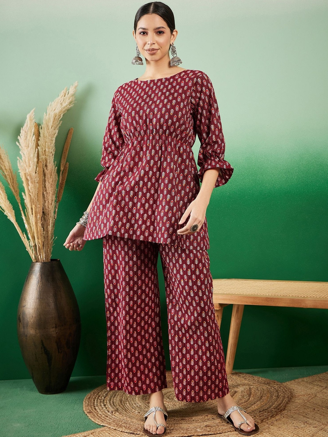 InWeave Kantha Printed Pure Cotton Round Neck Tunic & Palazzo Co-Ord Set