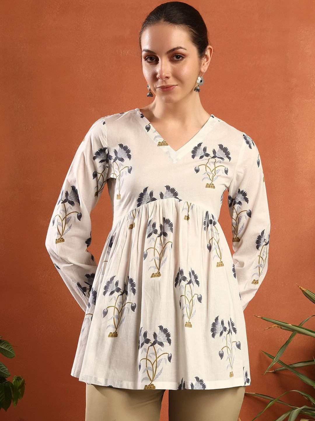KIRNYA Floral Print Cotton Peplum Top