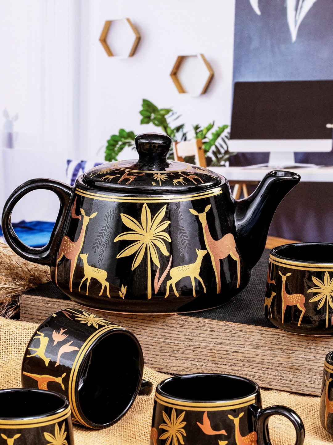 Roxx Black 2026 Unisex Set of 7 Ethnic Motifs Printed Tea Set