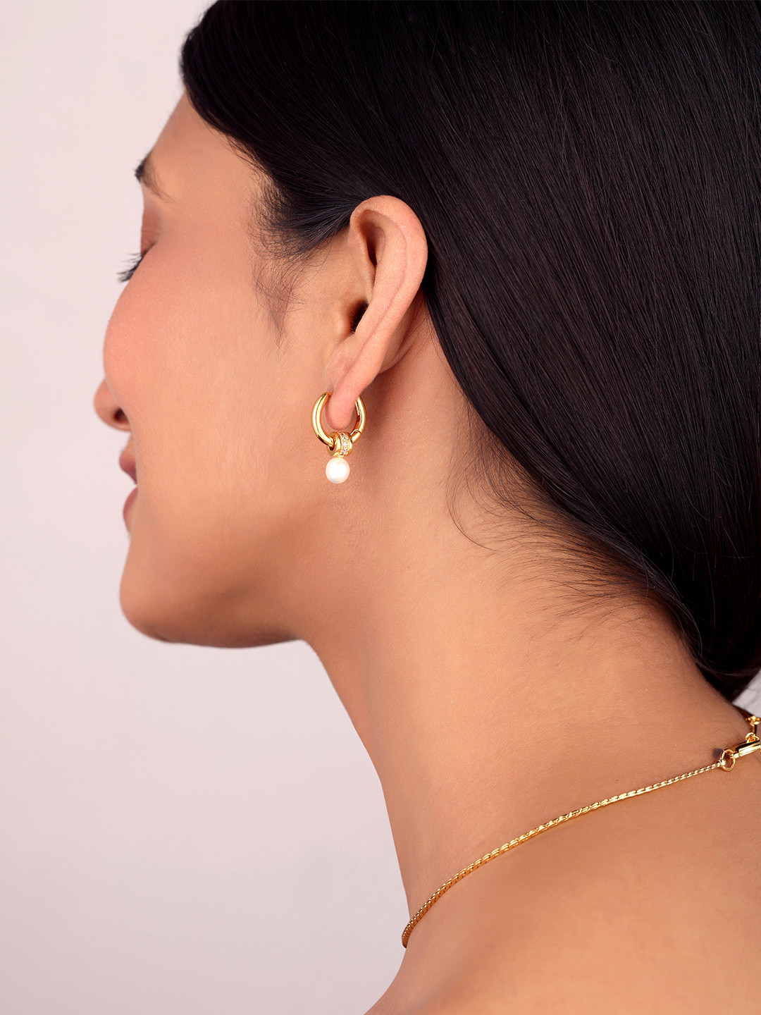 Sucra Women 14Kt Real Gold Plated Petite Pearls Freshwater Pearl Huggie Earrings