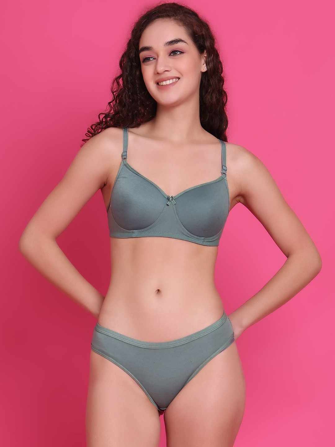 BMINO Women Lightly Padded Non-Wired High-Rise Cotton Lingerie Set