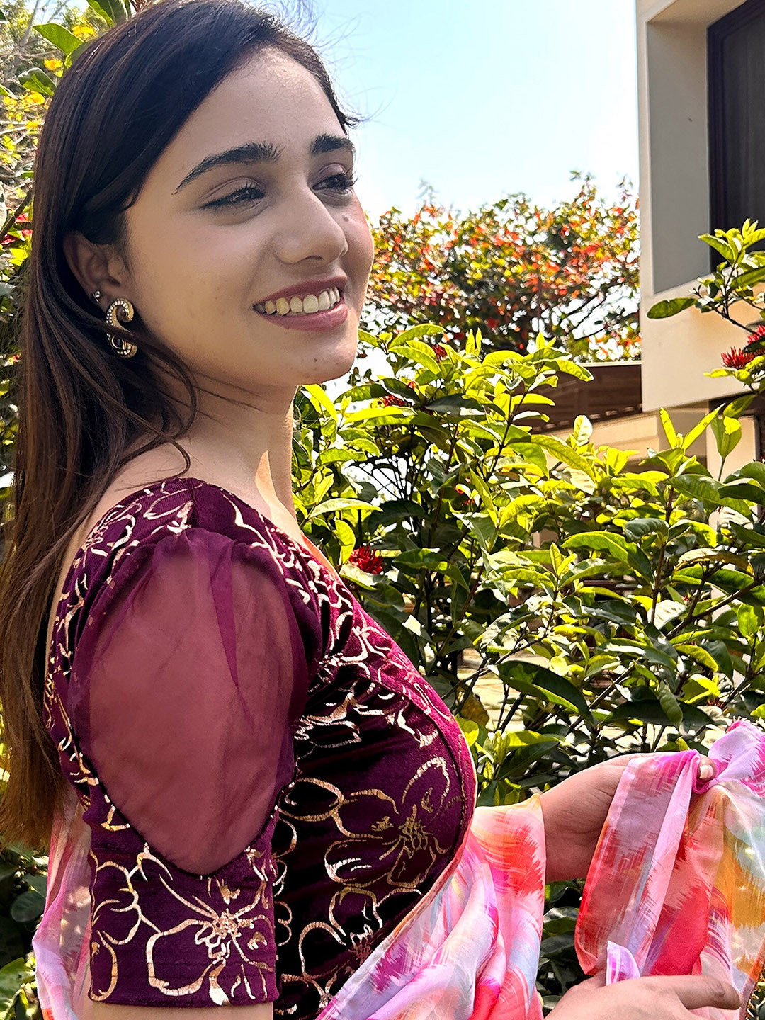 Bindigasm's Advi Kaanvi Floral Embroidered Puff Sleeve Stretchable Slip On Velvet Blouse