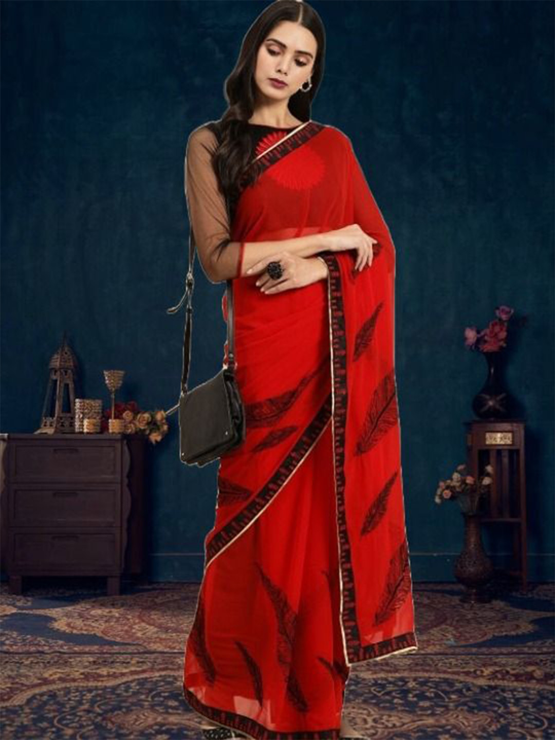 House of Pataudi Feather Embroidered Saree with Unstitched Blouse