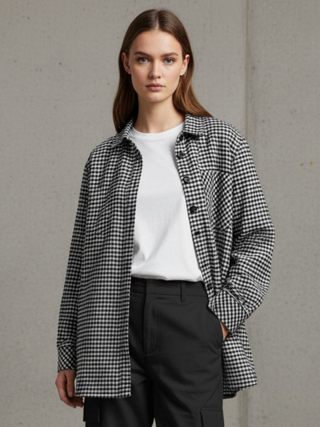 Popnetic Women Pure Cotton Gingham Check Oversized Shirt