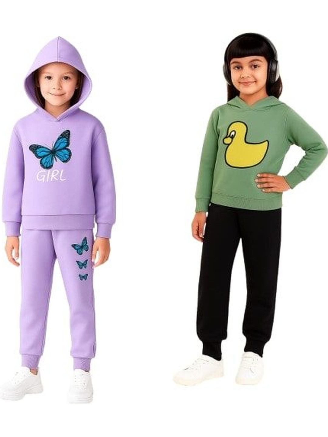 US TRENDZ Girls Pack Of 2 Printed Loop Knit Full-Sleeves Hooded Tracksuits