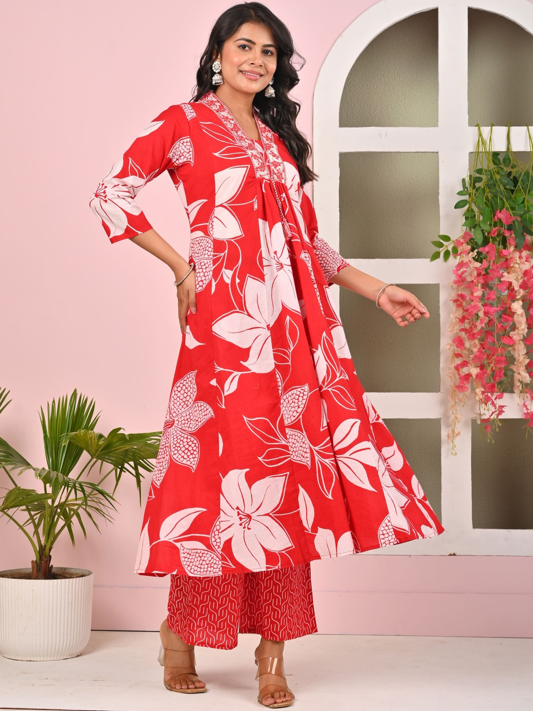 MANJALI DESIGN Women Floral Printed Angrakha Thread Work Pure Cotton Kurta with Palazzos & With Dupatta