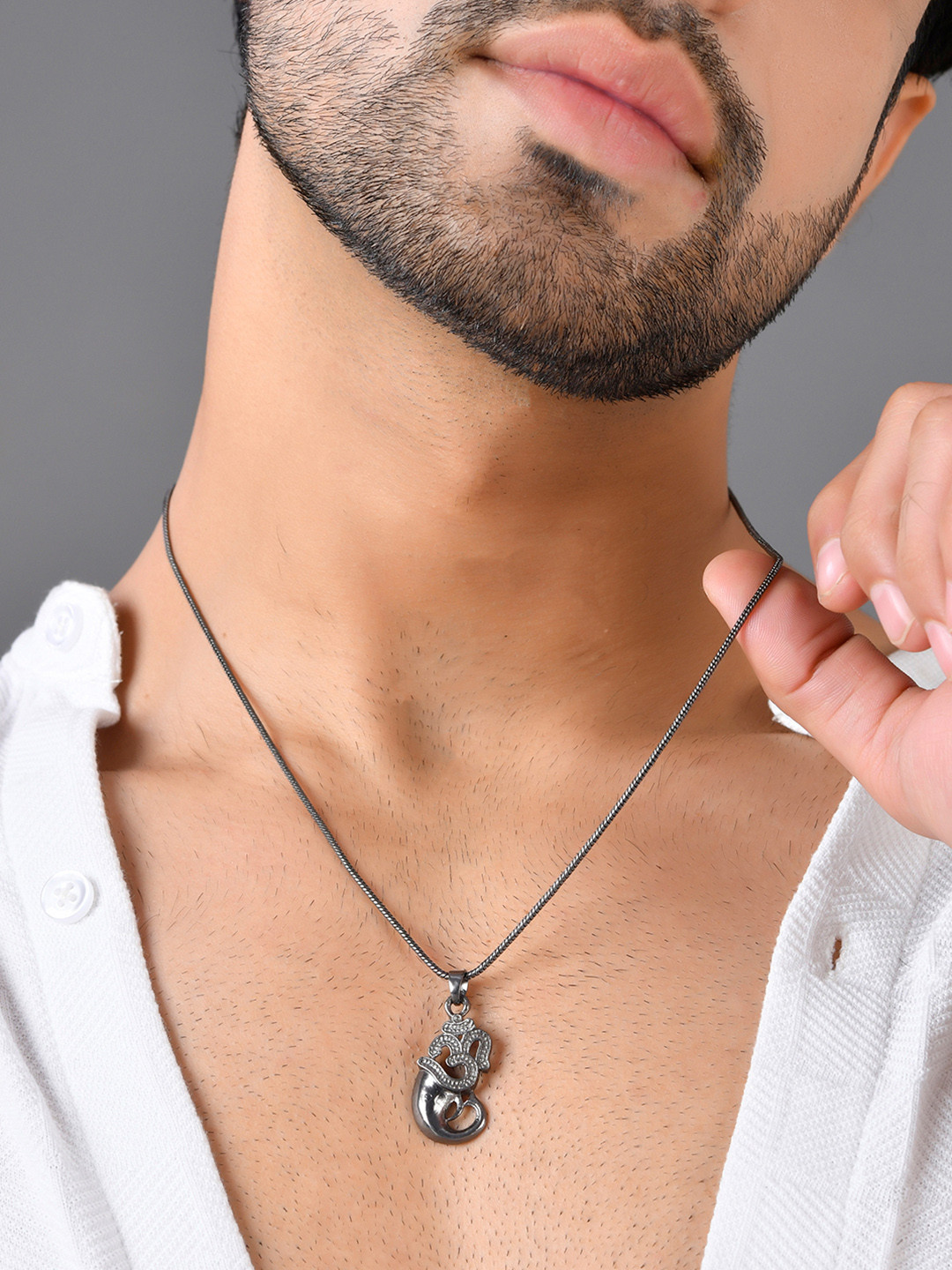 Voylla Men Rhodium-Plated Eclipse Ganesha & Om Divine Pendant With Chain