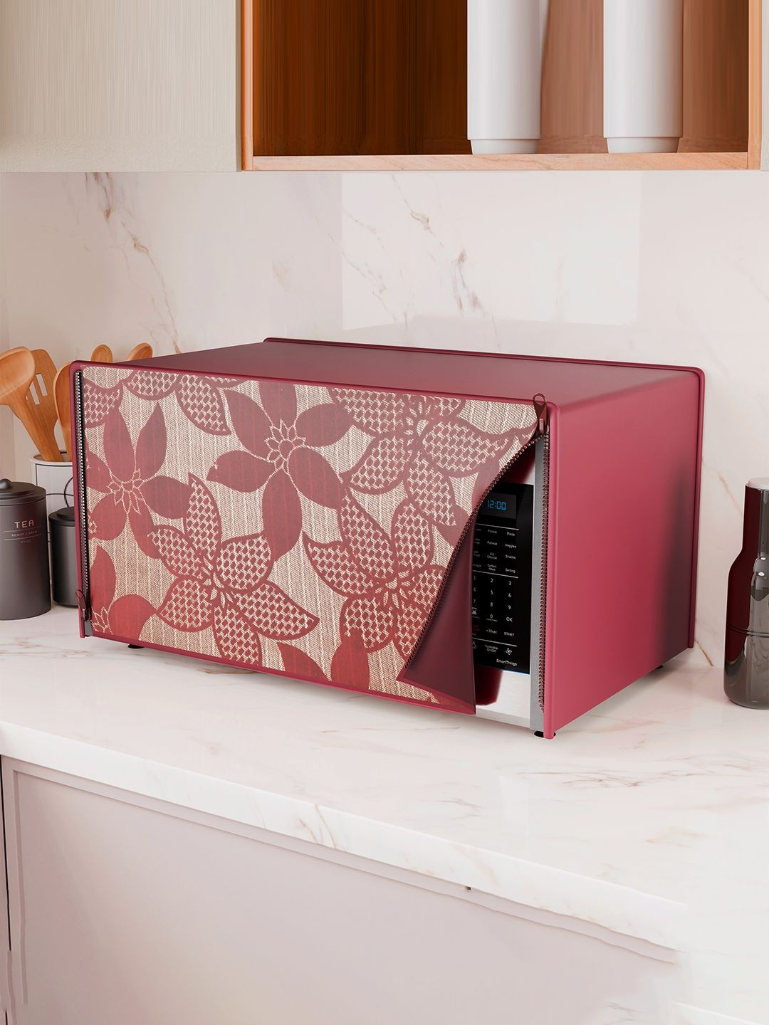 Kuber Industries Maroon & Beige Flower Printed Velvet Microwave Oven Cover