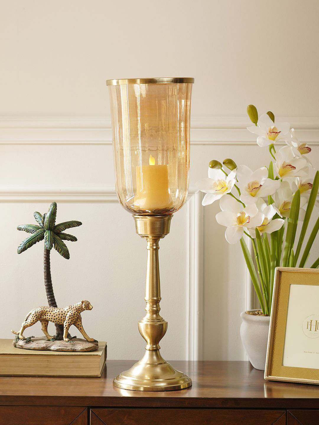 Pure Home and Living Amber Glass Hurricane Tall Candle Holder