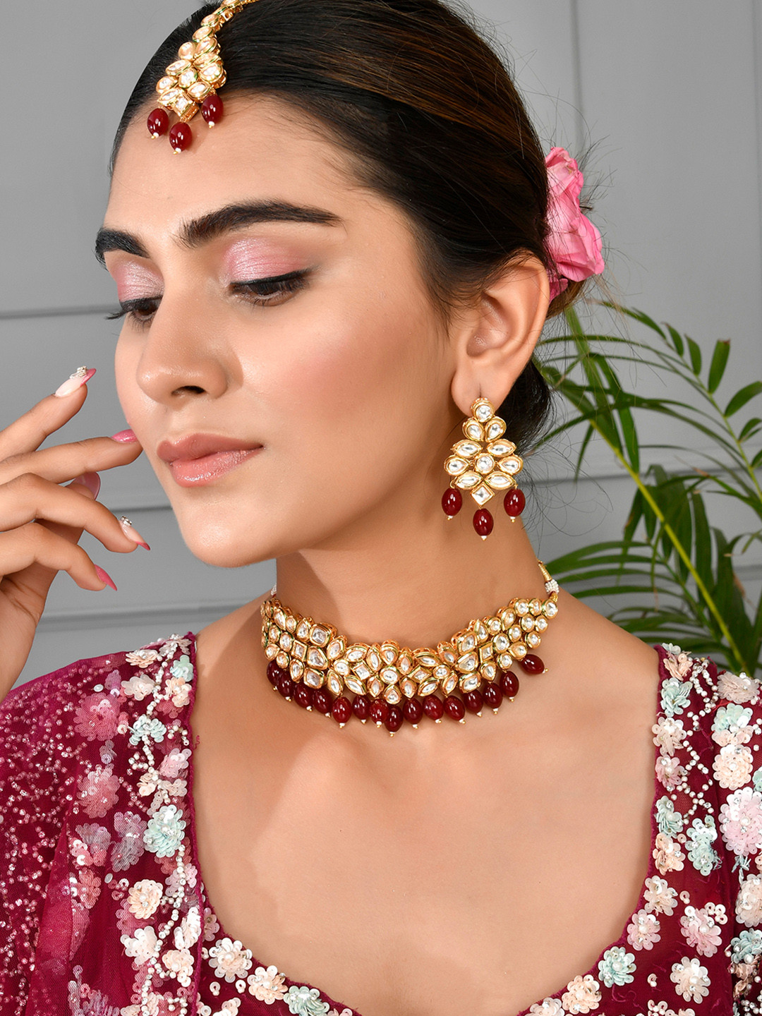 Kundan Elegance Red Beads and Faux Kundan Opulent Maang Tika Set