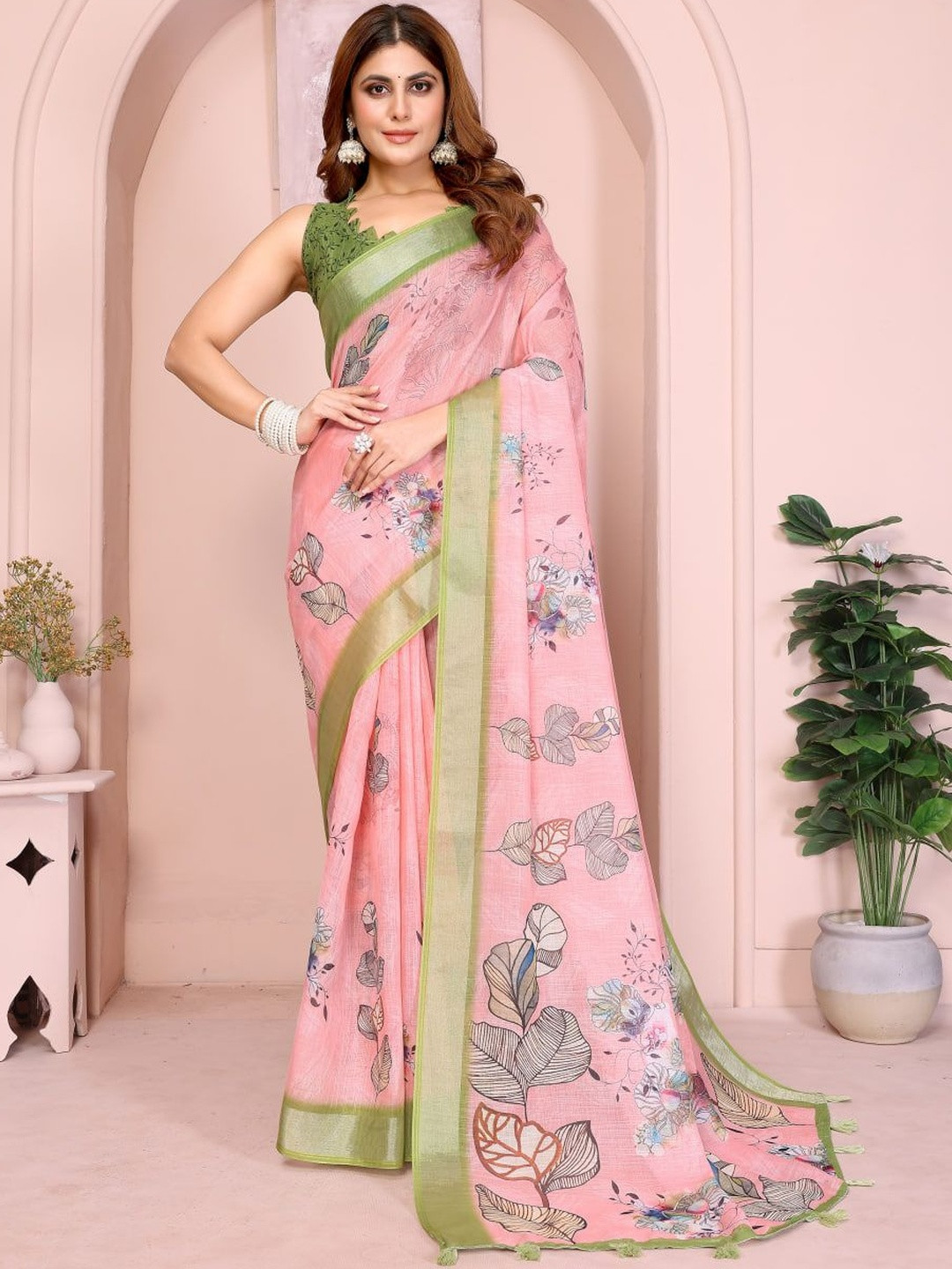 Shri salasar silk Mills Floral Pure Linen Handloom Saree