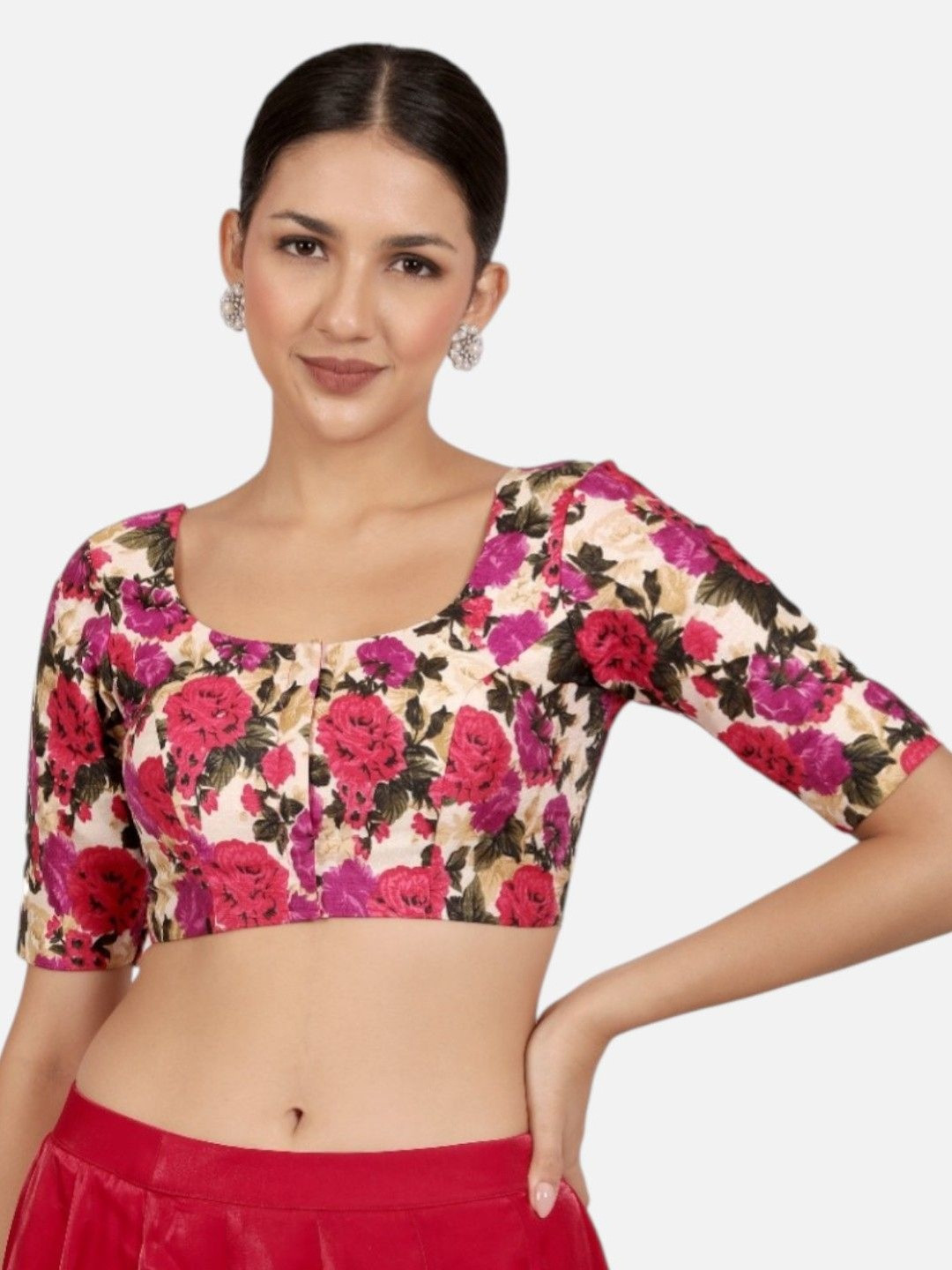 neckbook Floral Printed Silk U Neck Elbow Sleeves Readymade Saree Blouse