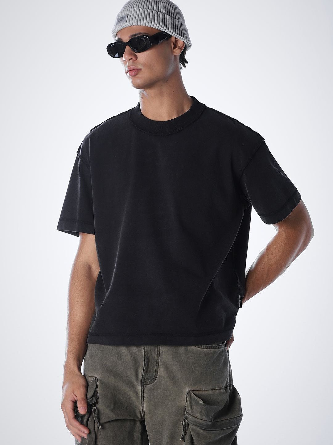 Jack & Jones Men Black Drop-Shoulder Sleeves T-shirt