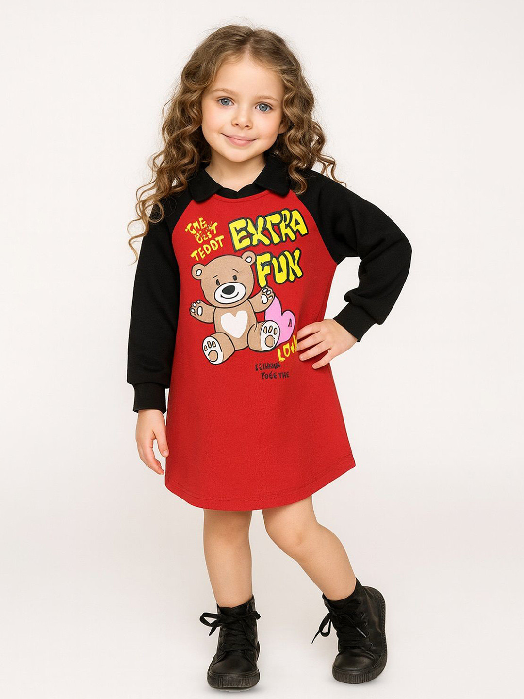 YK Girls Red & Black Raglan Sleeve Teddy Print Polo Collar A-line Dress