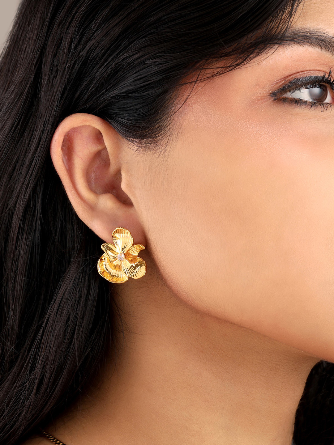 Sucra Women 14Kt Real Gold Plated Impression of Blossom Cubic Zirconia Studs