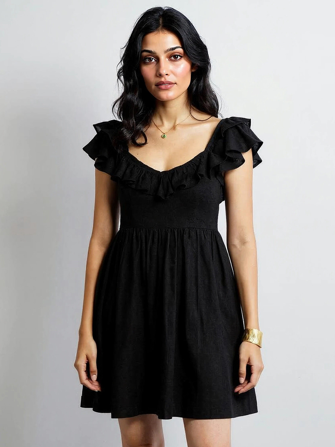 COVE AND LANE Puff Sleeve Ruffled Fit & Flare Dress
