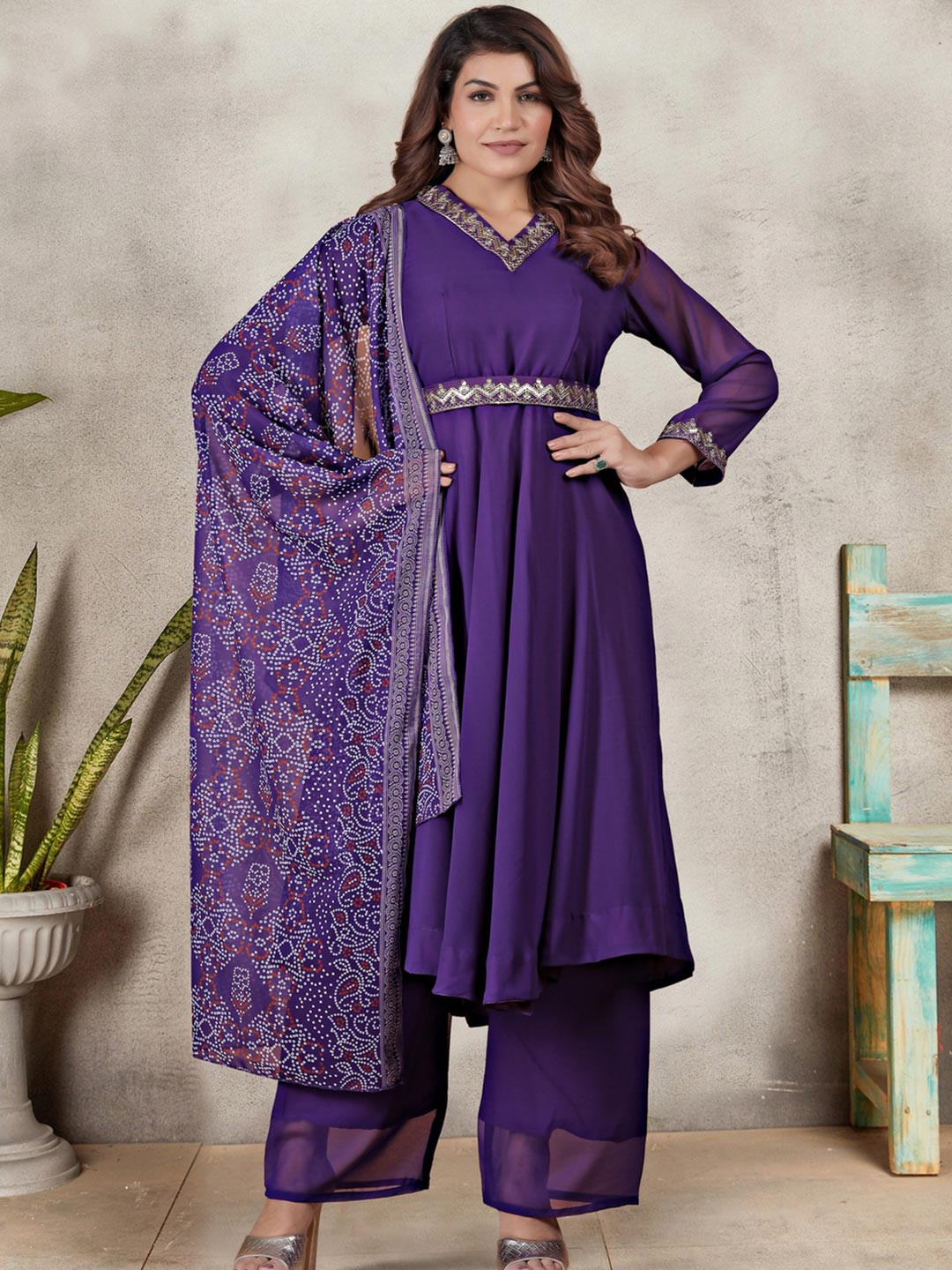 NARI DREAM Ethnic Motifs Yoke Design Thread Work Anarkali Kurta With Palazzos & Dupatta