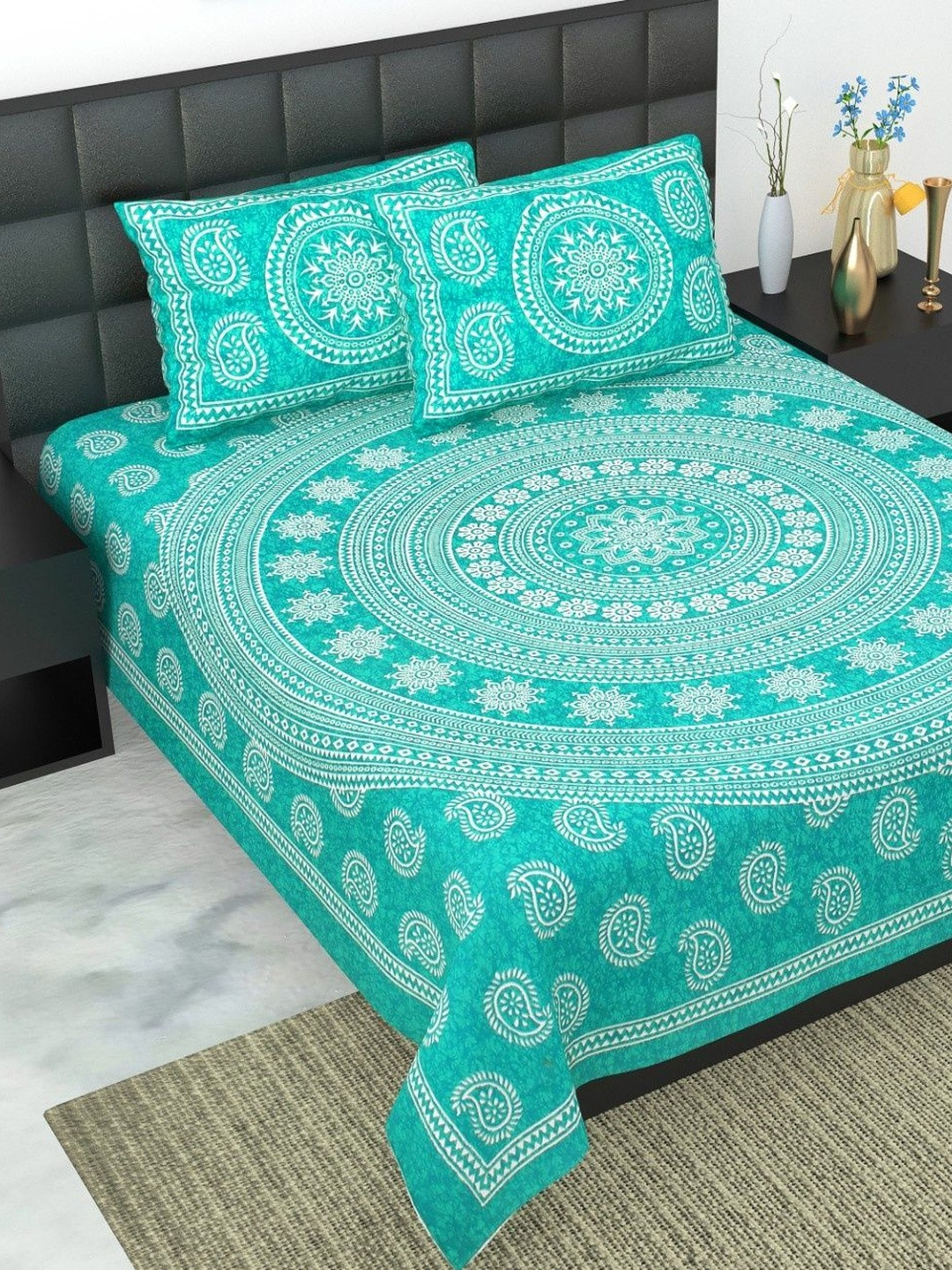 KD PRINTS Turquoise Blue & White 180 TC Bedsheet with 2 Pillow Covers