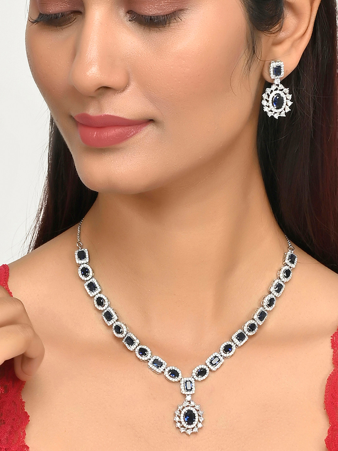Voylla Silver-Plated CZ Blue & White Studded Jewellery Set